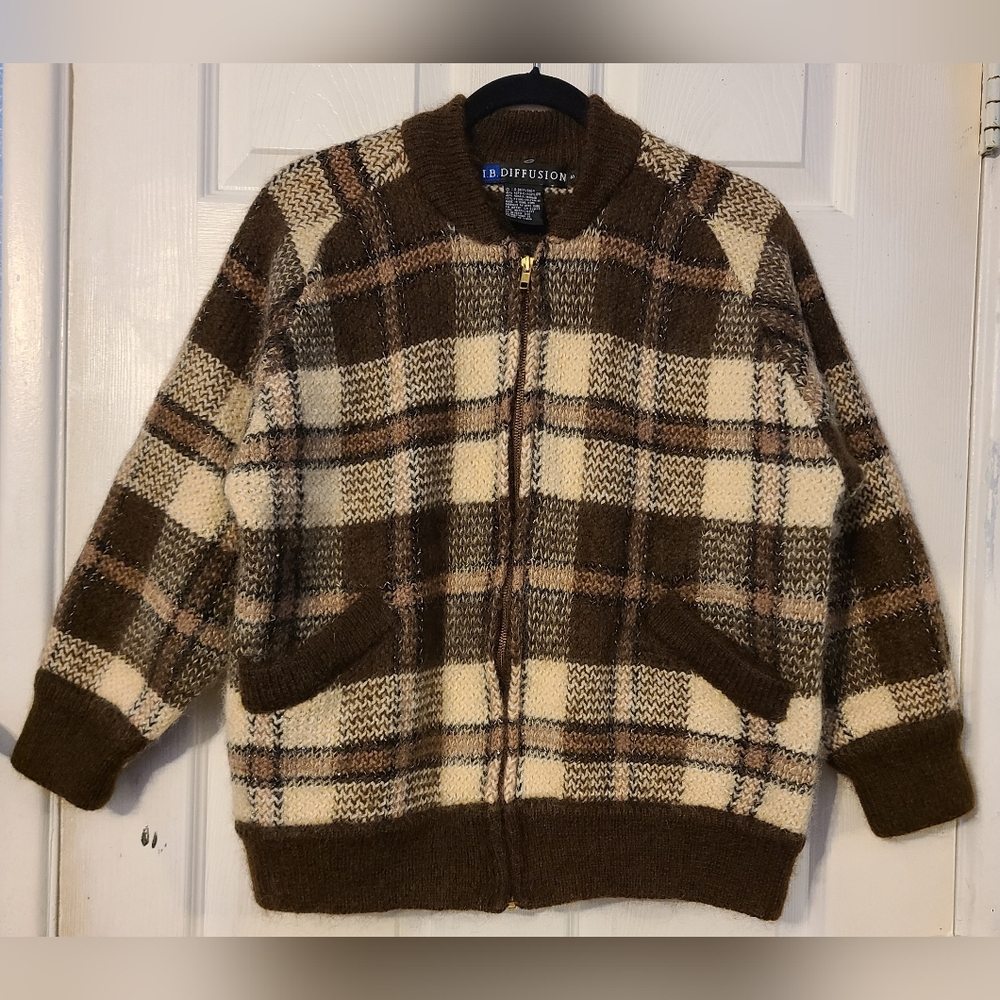 Vintage I.B. Diffusion Acrylic Mohair Brown/Beige/Cream Plaid Sweater/Jacket S